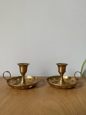 Vintage Brass Celestial Stars Chamberstick Candle Holders Pair Whimsigoth